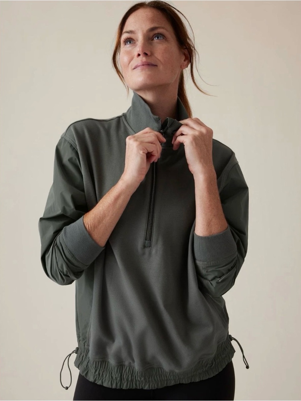 Athleta Triumph Hybrid Half Zip Sweatshirt Waist Cinch Size L Sage Green
